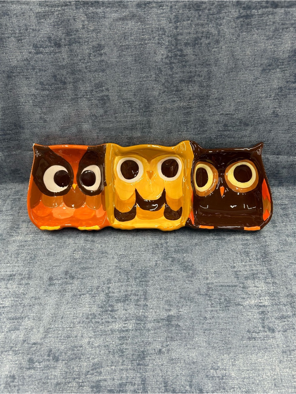 Mesa triple owl ceramic dish tray retro party maximalist quirky multicolor